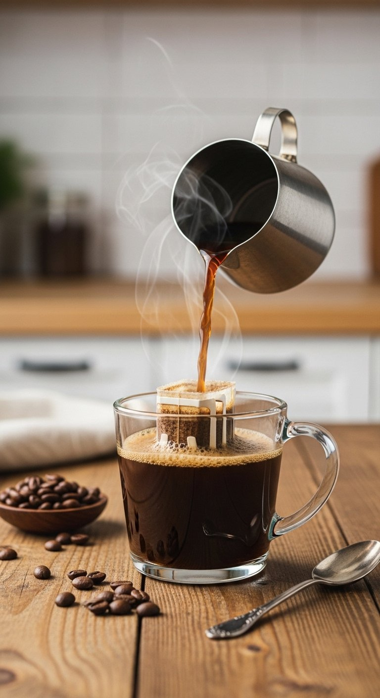 Freshly Brewed Dark Drip Coffee With Crema Steaming In A Clear Glass Mug On A Rustic Wooden Table.