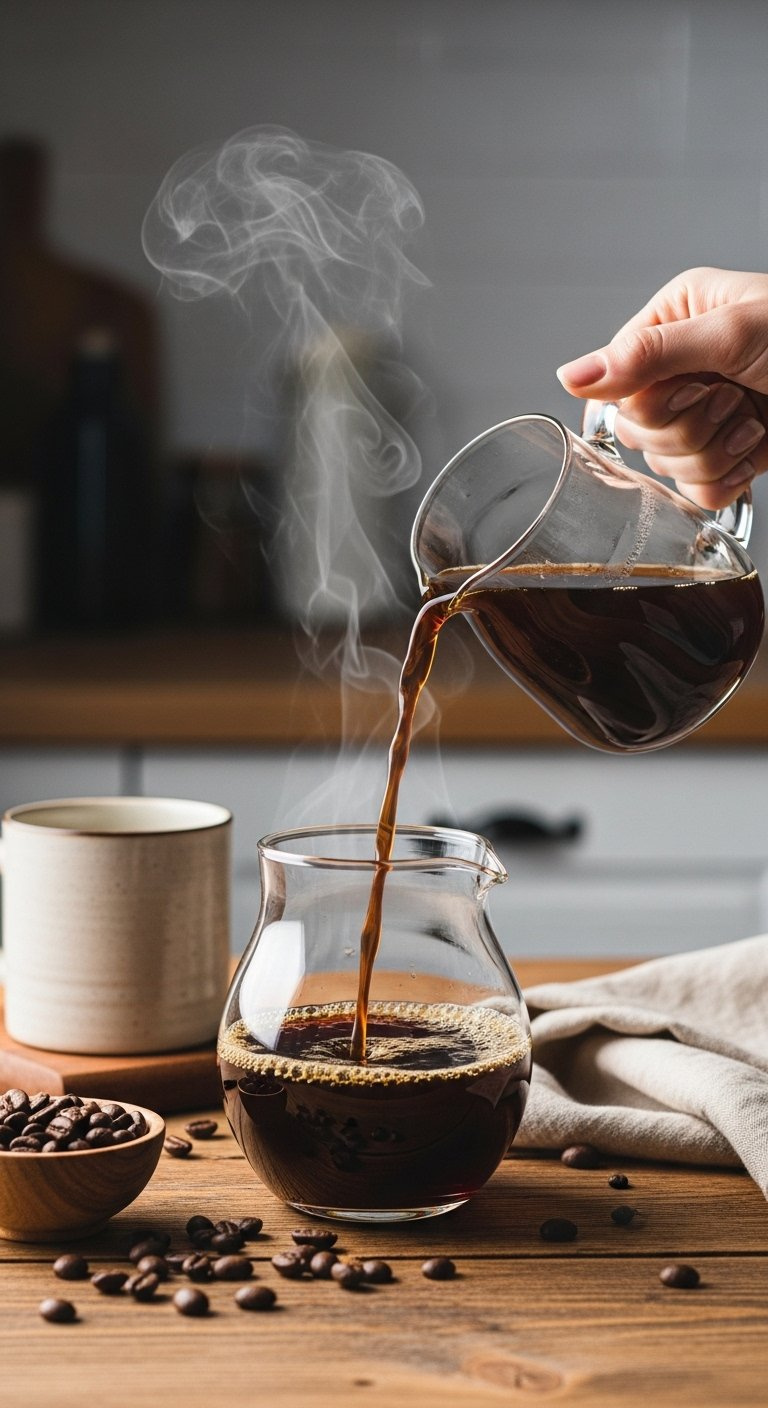 Freshly Brewed Dark Roast Coffee Pouring Into A Sleek Glass Pitcher With Steam Rising On A Rustic Wooden Table.