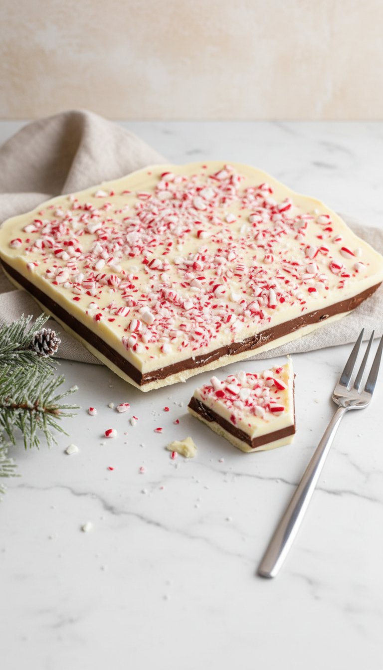 Freshly Broken Peppermint Bark With Distinct White &Amp; Dark Chocolate Layers, Topped With Bright Red &Amp; White Crushed Candy Canes.