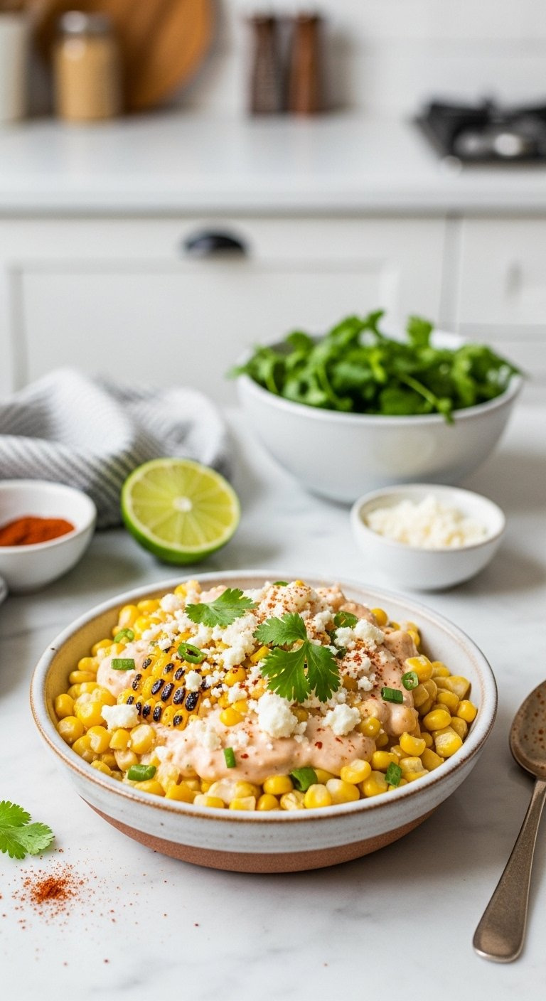 Freshly Charred Corn Kernels Mixed With Creamy Cotija Sauce And Garnished With Cilantro In A Rustic Bowl.