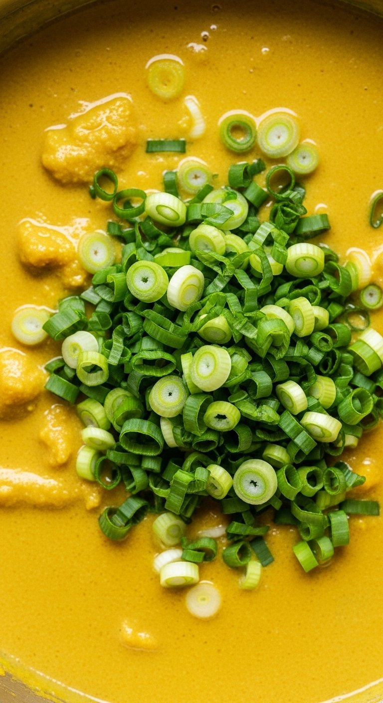 Freshly Chopped Green Onions Sprinkled Over The Finished Golden Jamaican Curry In The Pot.