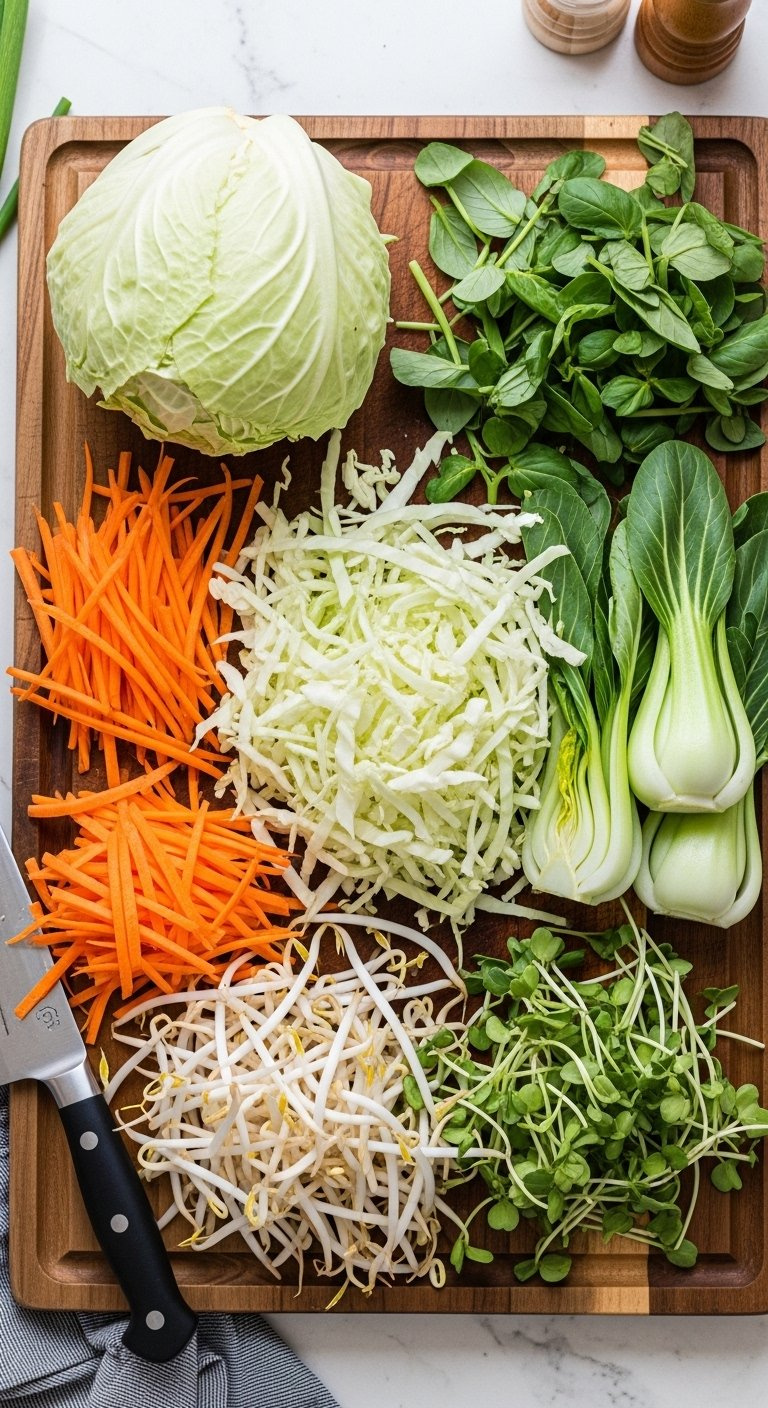 Freshly Chopped Stir-Fry Vegetables, Including Julienned Carrots, Cabbage, Bok Choy, And Bean Sprouts, Arranged On A Wooden Cutting Board With A Knife.
