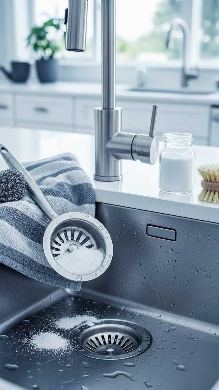 Freshly Cleaned Stainless Steel Kitchen Sink With Baking Soda Sprinkled Around Drain Opening For Maintenance