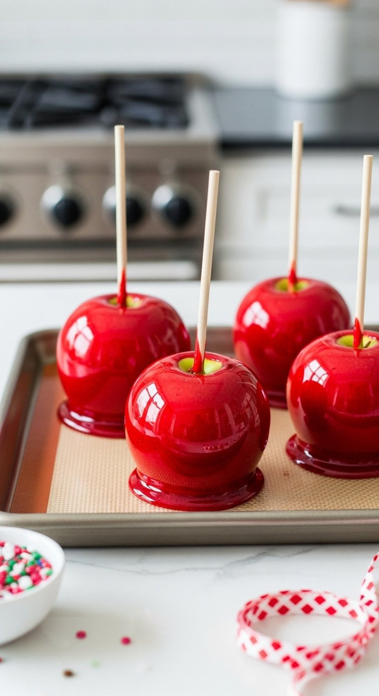 Freshly Dipped, Vibrant Red Candy Apples With A Glossy Hard Shell, Setting On A Silicone Mat With Sprinkles, Kitchen Scene.