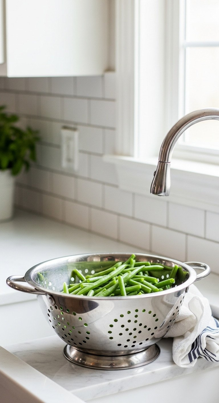 Freshly Drained Green Beans In A Stainless Steel Colander Over A White Sink On A Marble Countertop, Ready For Cooking.