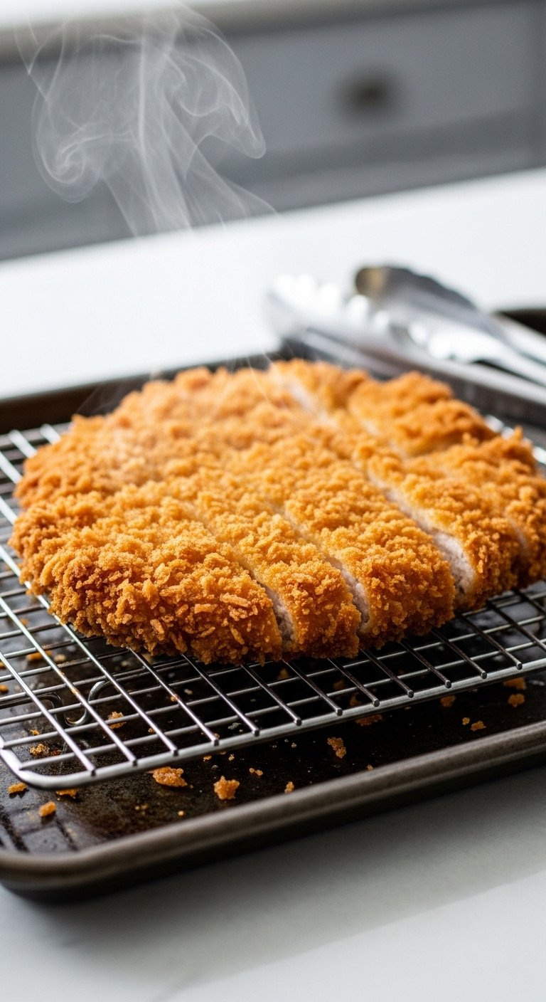 Freshly Fried Golden-Brown Spicy Korean Chicken Katsu Resting On A Wire Cooling Rack With Steam Rising.