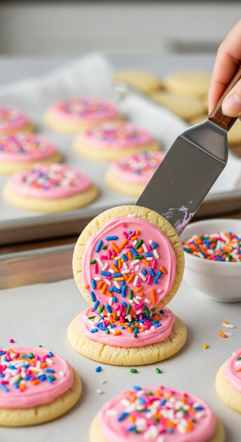 Freshly Frosted Lofthouse Sugar Cookie Topped With Colorful Rainbow Sprinkles On A Parchment Lined Tray.