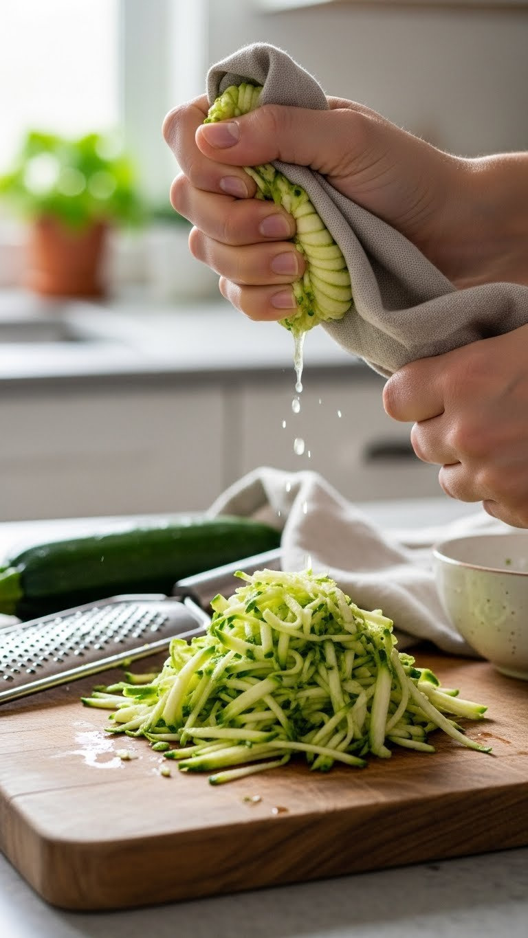 Freshly Grated Green Zucchini Piled Artfully On Rustic Wooden Cutting Board With Moisture Beads Visible