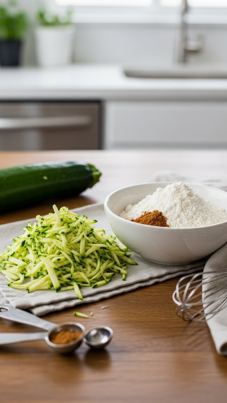 Freshly Grated Green Zucchini Piled On A Linen Towel Next To A Bowl Of Flour, Cinnamon, And Baking Soda On Rustic Wooden Table