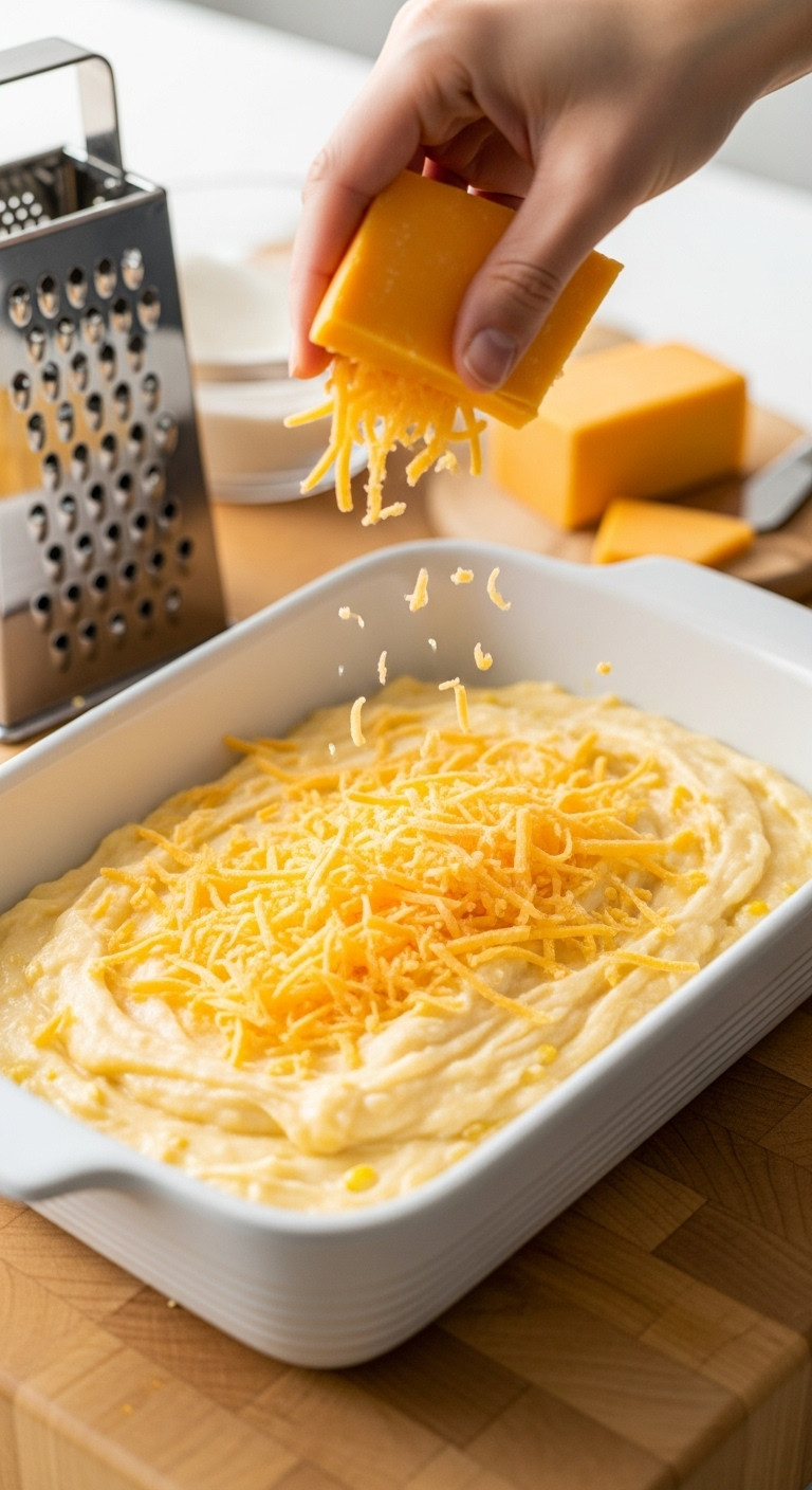 Freshly Grated Sharp Cheddar Cheese Sprinkled Over Unbaked Corn Casserole In A White Dish On A Butcher Block Countertop.