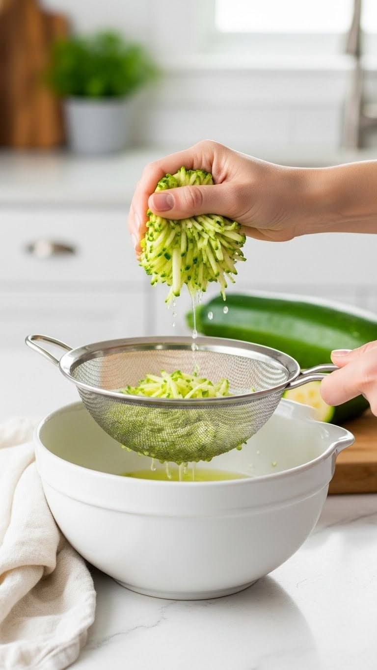 Freshly Grated Zucchini Being Squeezed In A Fine Mesh Sieve Over A White Ceramic Bowl To Remove Excess Moisture For Baking Recipes.