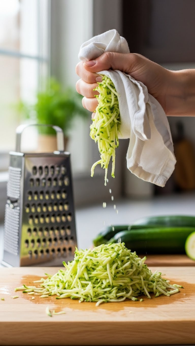 Freshly Grated Zucchini Being Squeezed In White Linen Cloth On Wooden Cutting Board With Rustic Grater In Background