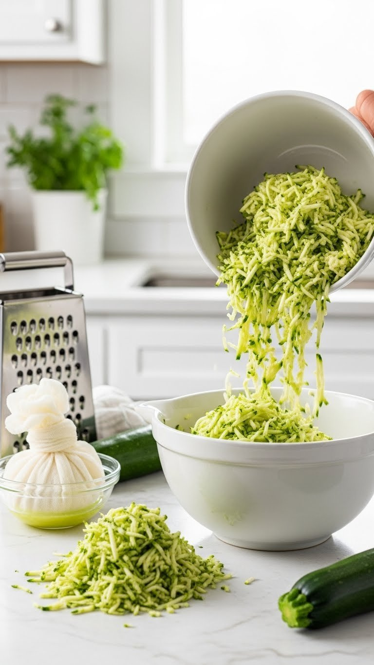 Freshly Grated Zucchini Overflowing From White Ceramic Bowl With Squeezed Zucchini Pile Showcasing Moisture Removal Technique