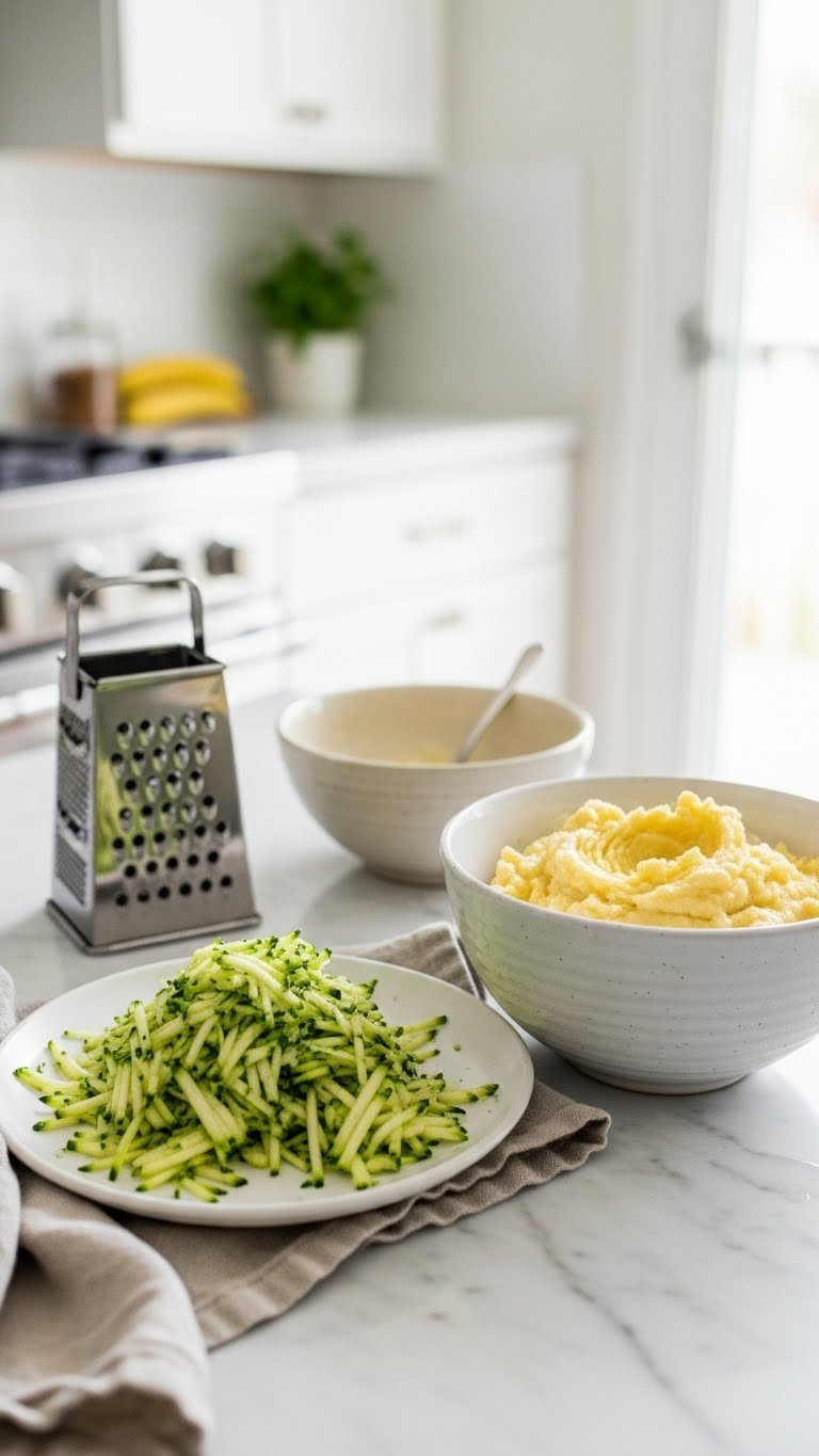 Freshly Grated Zucchini Piled On Linen Towel Next To Creamy Mashed Bananas In Ceramic Bowl On Marble Countertop