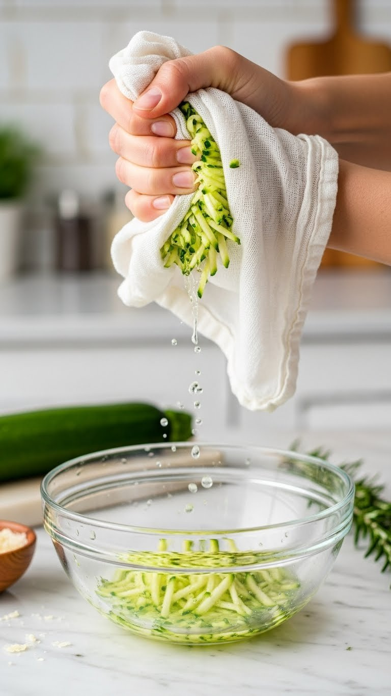 Freshly Grated Zucchini Squeezed In White Linen Cloth With Water Droplets Falling Into Clear Glass Bowl On Marble Countertop.
