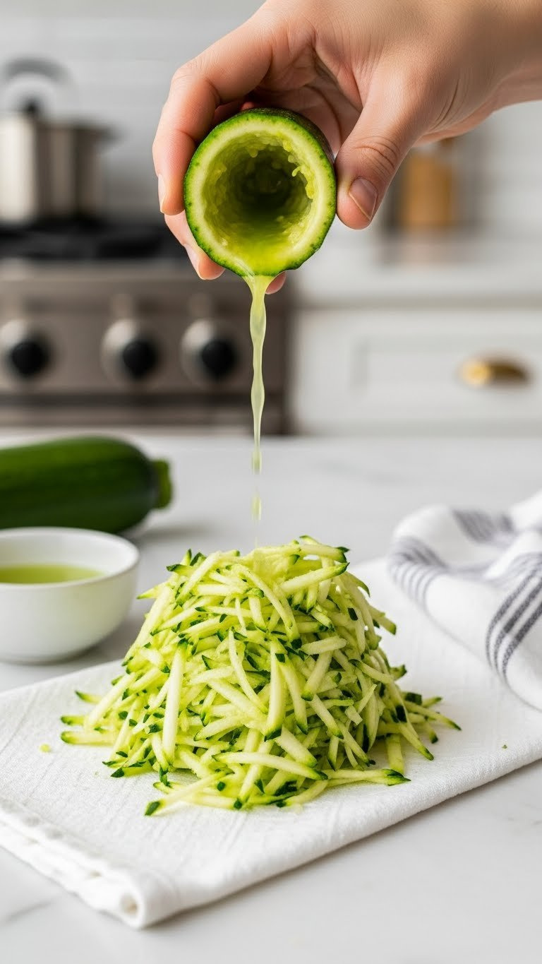 Freshly Grated Zucchini With Visible Moisture Drops On A White Kitchen Towel In Professional Macro Photography