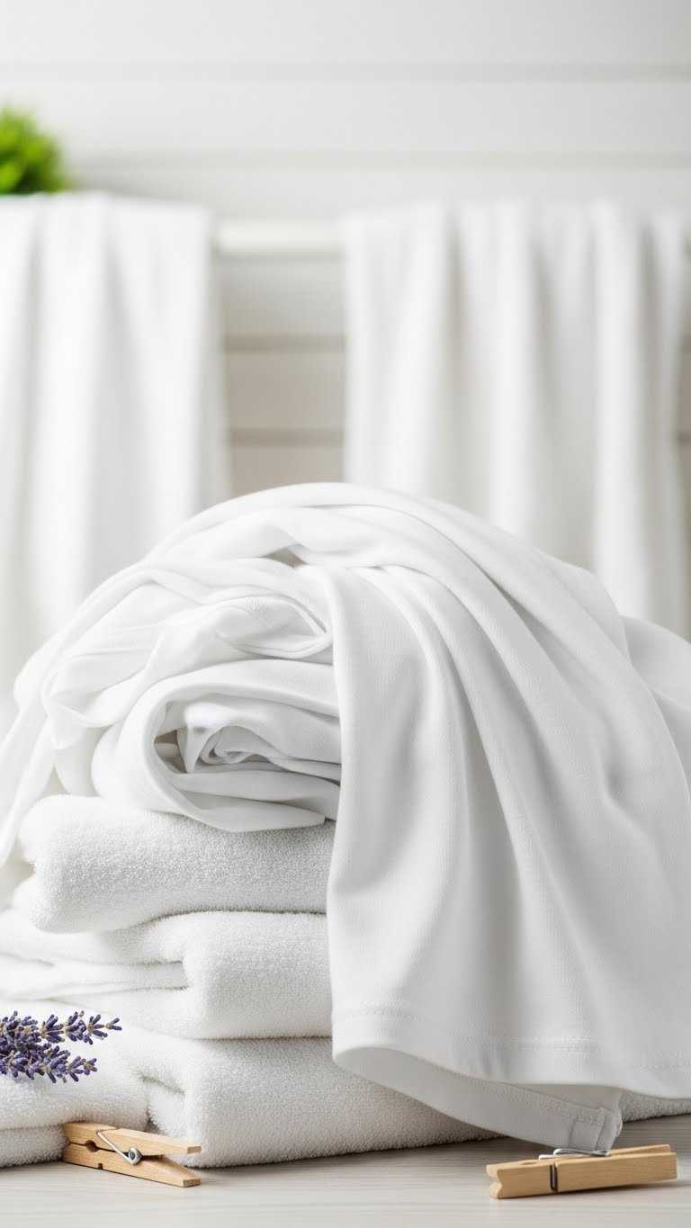 Freshly Laundered White Fabrics Including Towels And T-Shirts Artfully Folded On Light Wooden Surface.