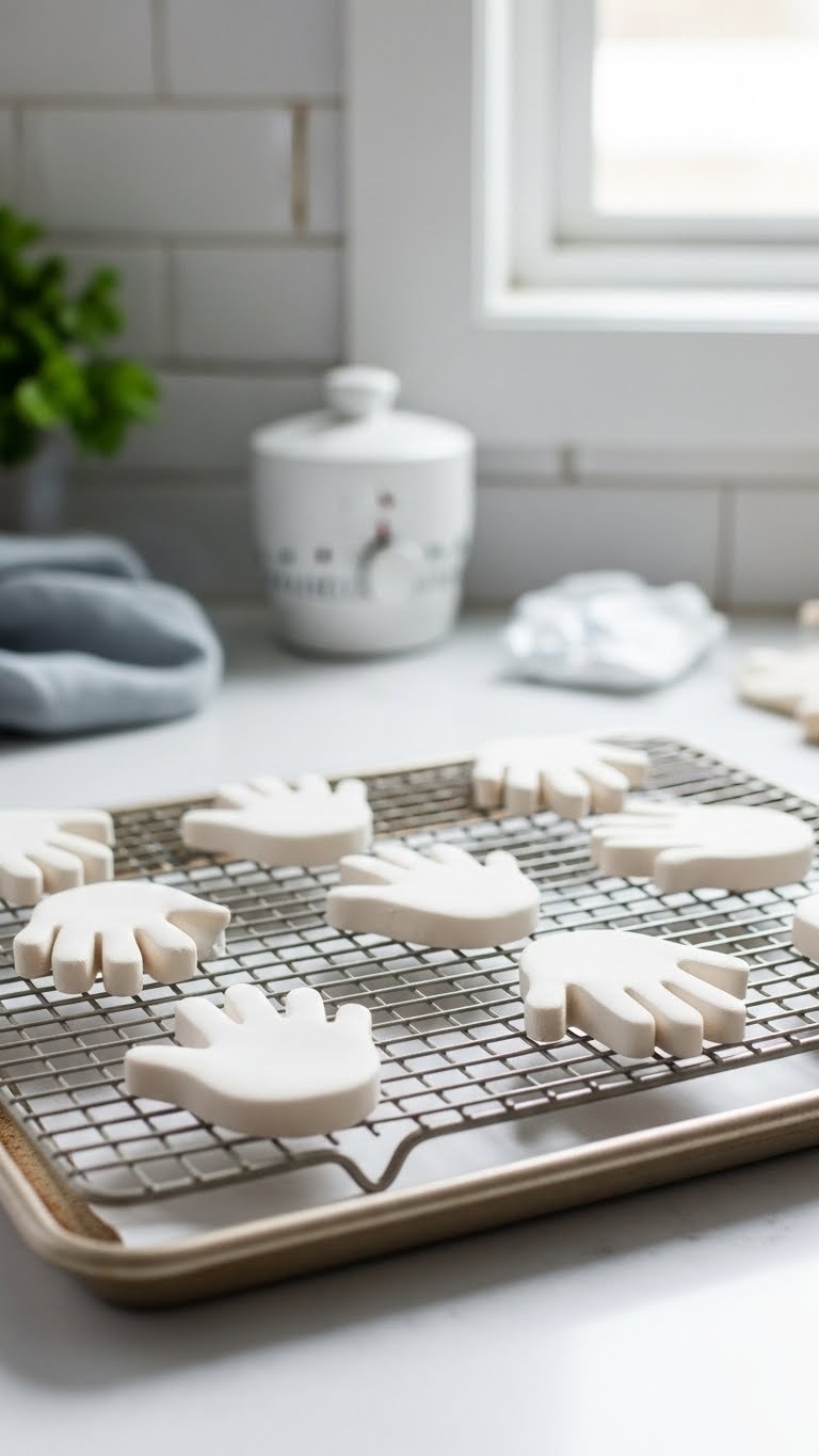 Freshly Made Baking Soda Clay Hand Ornaments Drying On Chrome Wire Cooling Rack With Baking Sheet