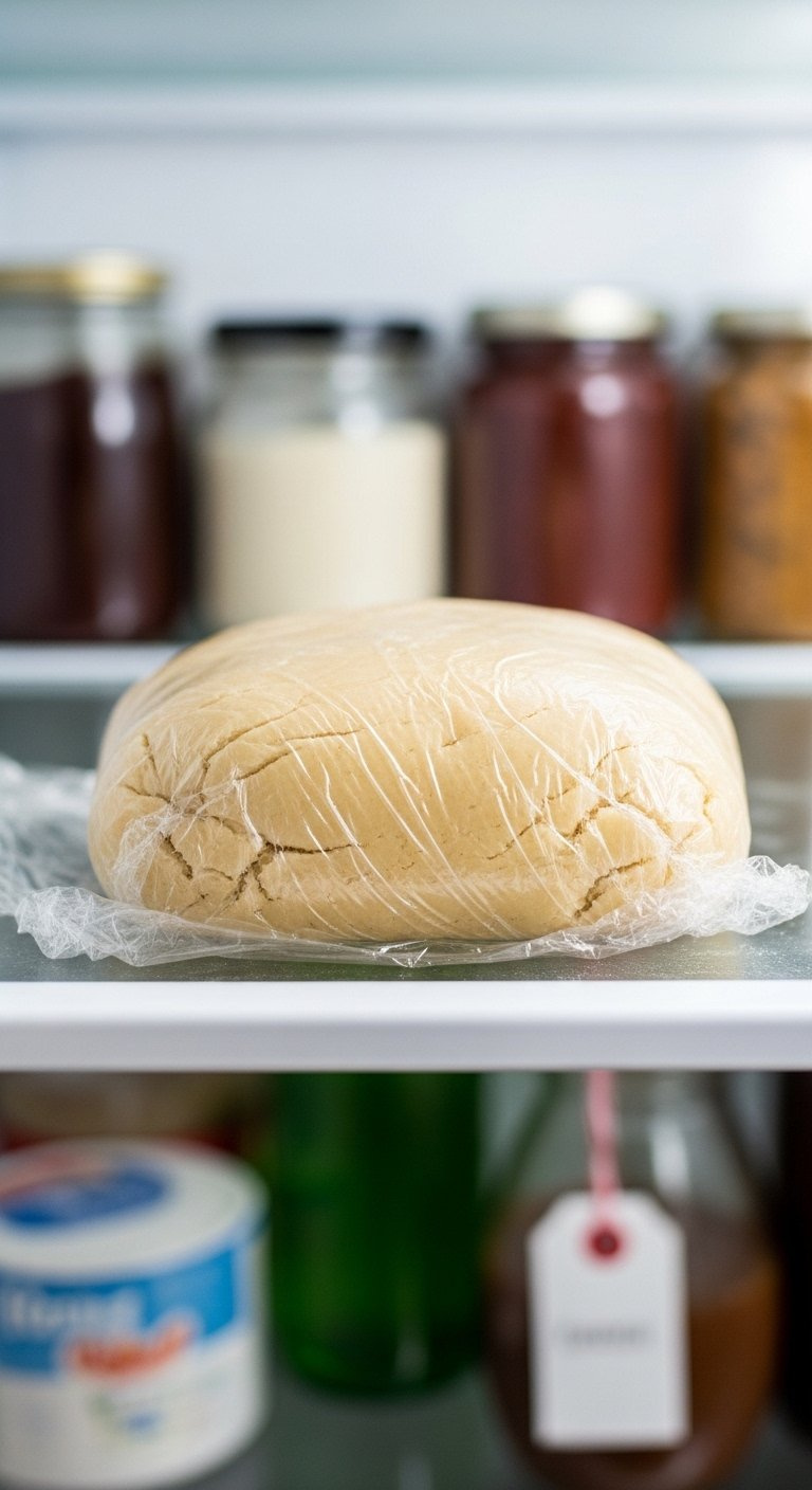 Freshly Mixed Sugar Cookie Dough Wrapped Tightly In Clear Plastic Wrap Resting On A Refrigerator Shelf.