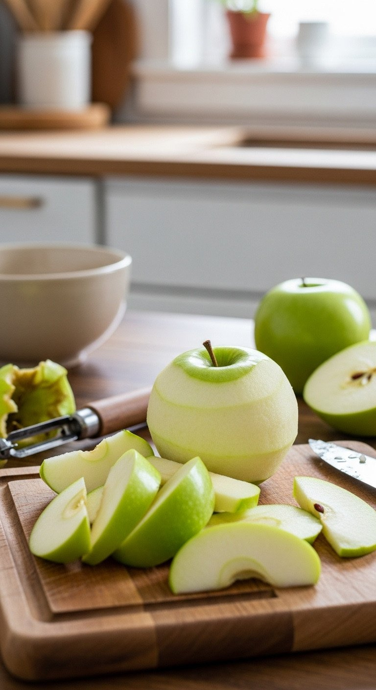 Freshly Peeled &Amp; Sliced Granny Smith Apples On A Rustic Wood Cutting Board With An Apple Peeler, Ready For Baking.