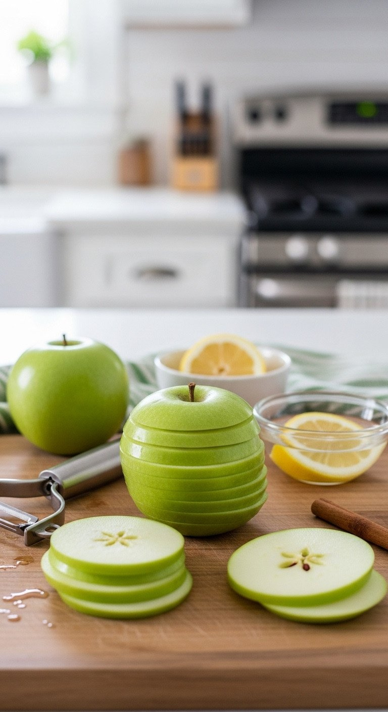 Freshly Peeled, Thinly Sliced Granny Smith Apples On A Wooden Cutting Board With A Peeler, Lemon Water, And Cinnamon Stick.