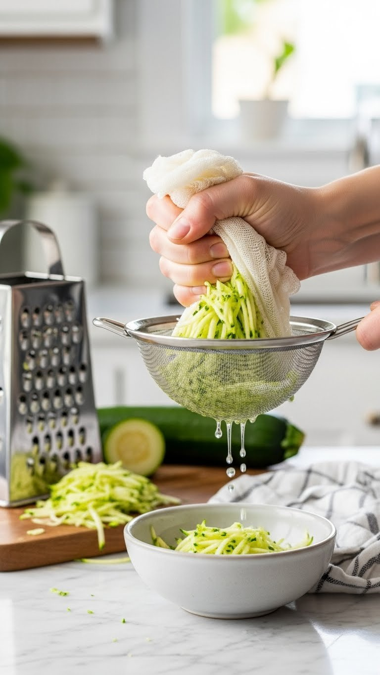 Freshly Shredded Green Zucchini Being Squeezed In A Fine Mesh Sieve With Cheesecloth To Remove Excess Water On A Marble Countertop.