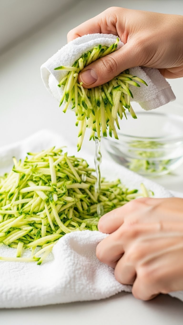 Freshly Shredded Green Zucchini Piled On White Kitchen Towel With Squeezed-Out Water Visible In Professional Macro Photography