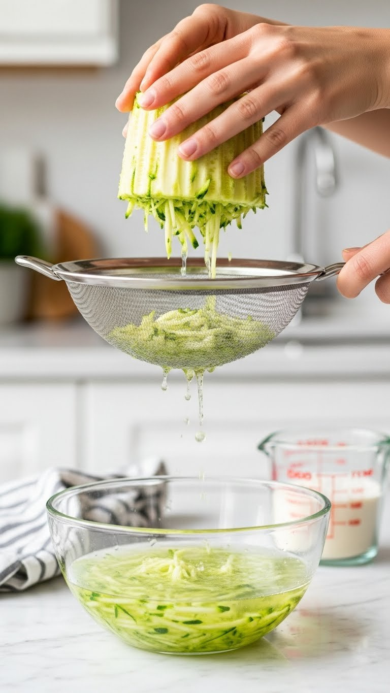 Freshly Shredded Zucchini Being Pressed In A Fine-Mesh Sieve With Excess Moisture Dripping Into A Bowl Below