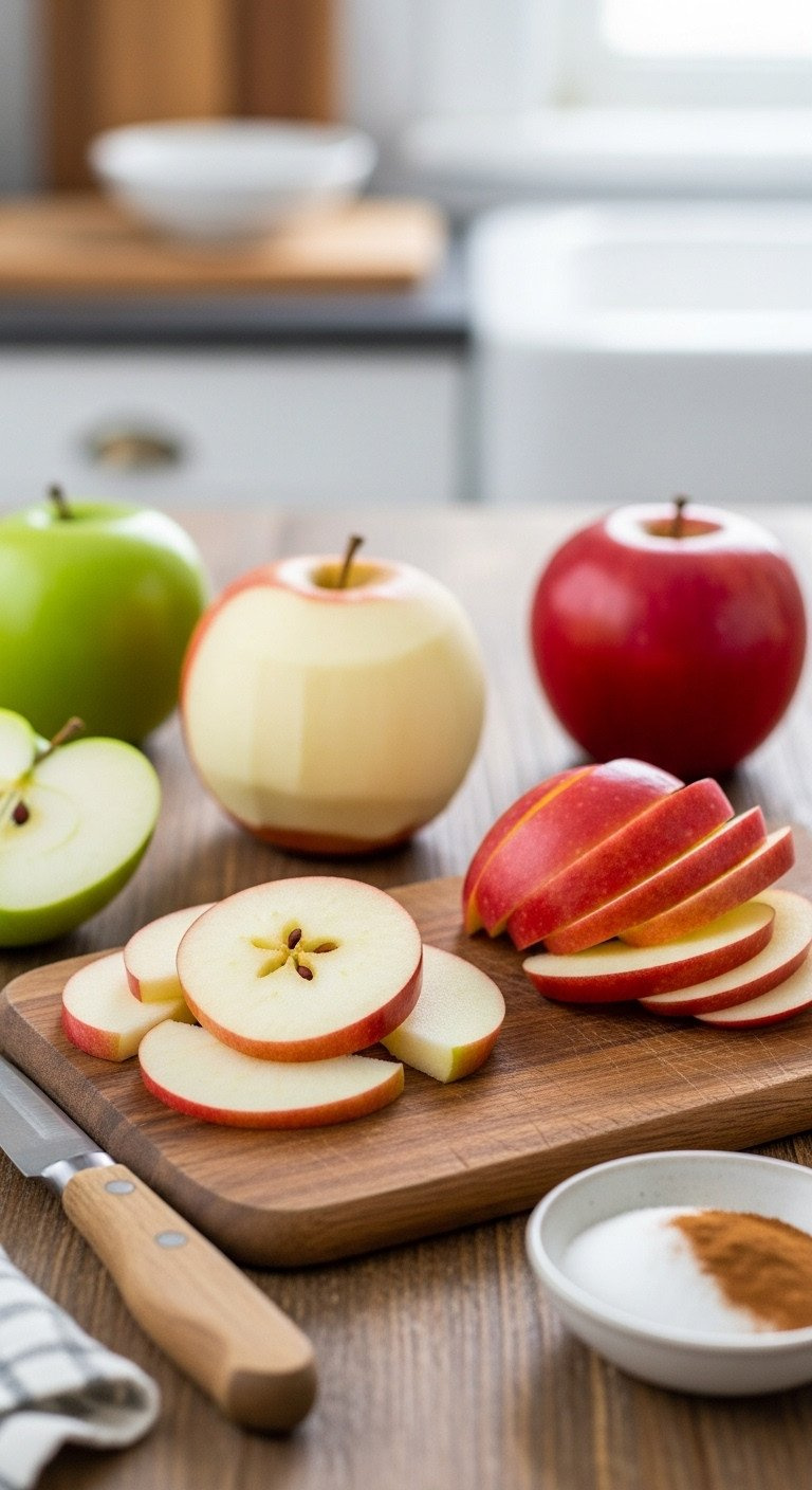 Freshly Sliced Granny Smith, Fuji, Honeycrisp Baking Apples On A Rustic Wooden Cutting Board, With A Paring Knife And Cinnamon Sugar.