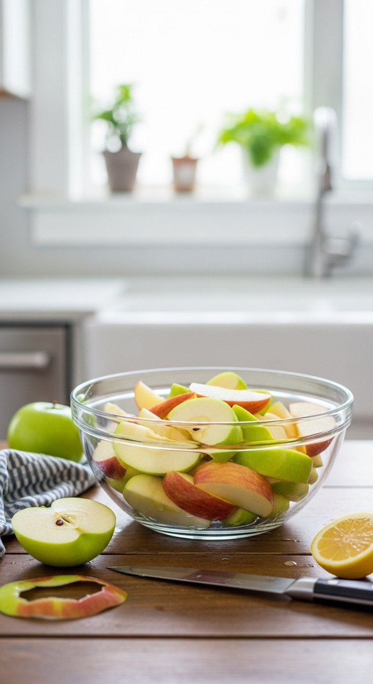 Freshly Sliced Granny Smith, Honeycrisp Apples With Lemon In Glass Bowl On Rustic Wood. Perfect Apple Crisp Preparation.