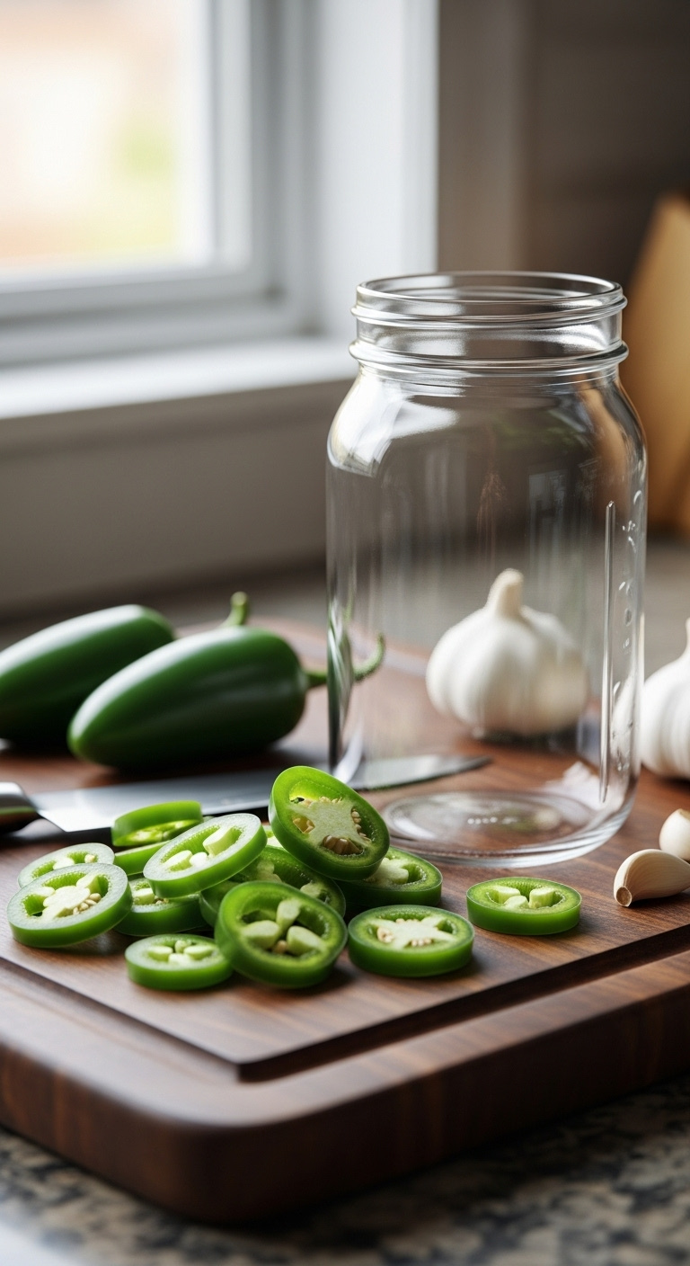 Freshly Sliced Green Jalapeño Rings On A Cutting Board Next To An Empty Jar With Whole Peppers And Garlic In A Soft Focus Kitchen
