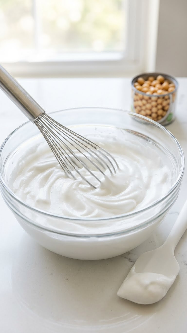 Freshly Whipped Aquafaba In A Glass Bowl With A Whisk, Forming Stiff White Peaks Like Vegan Meringue On A White Counter.