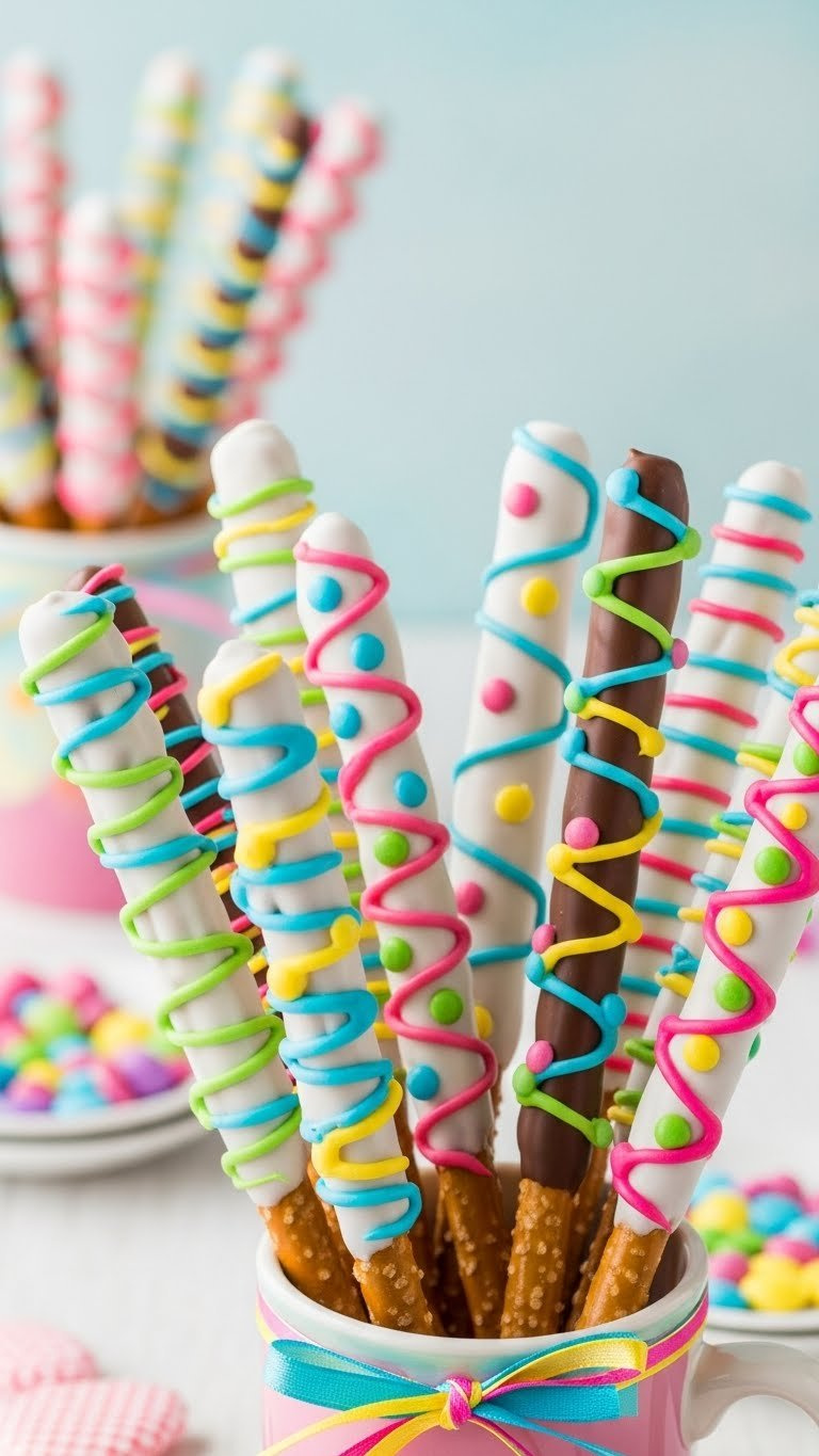 Friendship Bracelet Pretzel Sticks With Colorful Candy Decorations Standing In Colorful Ceramic Mug