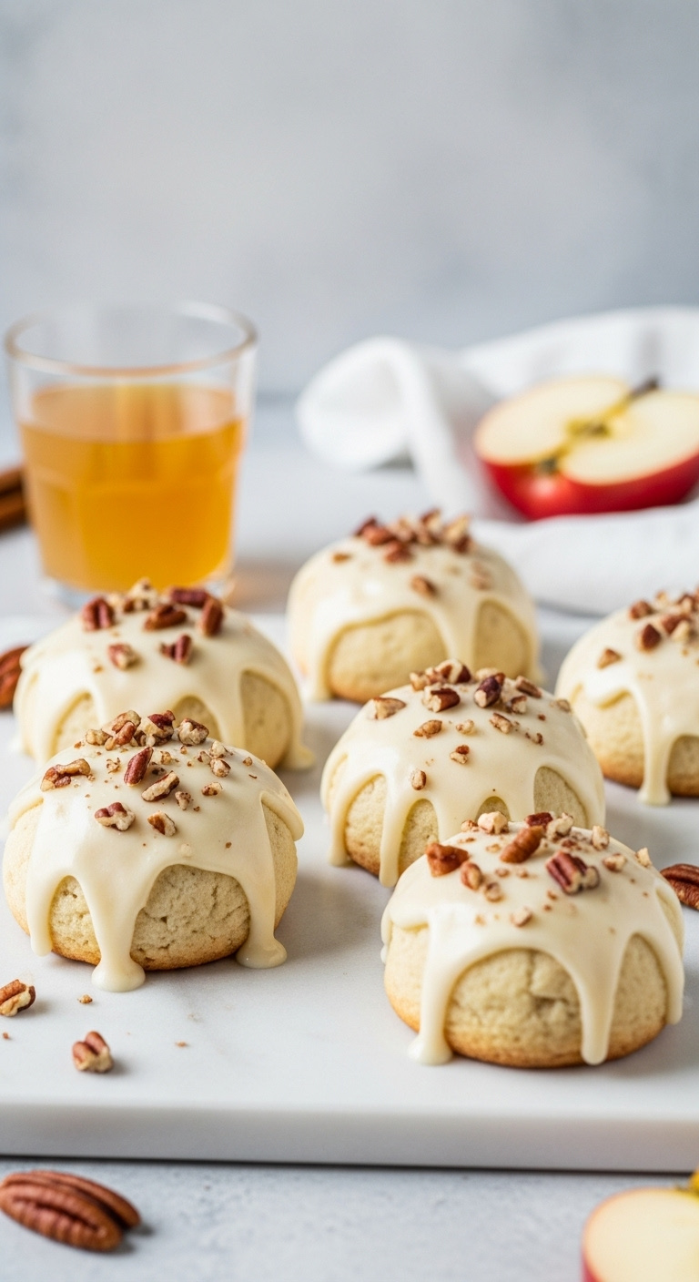 Frosted Apple Cider Cookies With Pecans On White Marble Countertop With Apple Cider Sliced Apple And Linen Napkin Elegant Minimalist Style