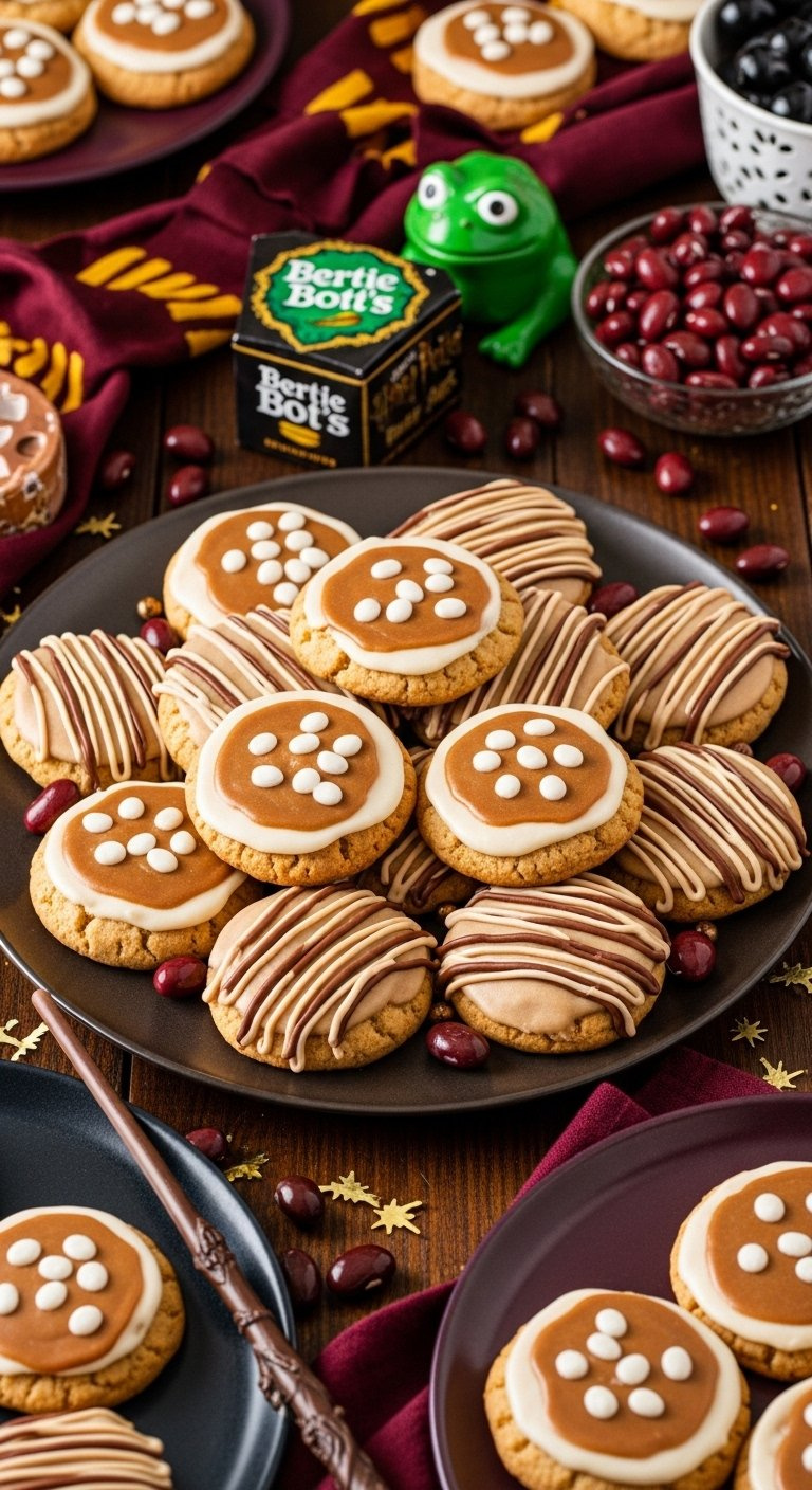 Frosted Butterbeer Cookies Arranged On A Platter With Themed Decorations For A Party On A Dark Table.