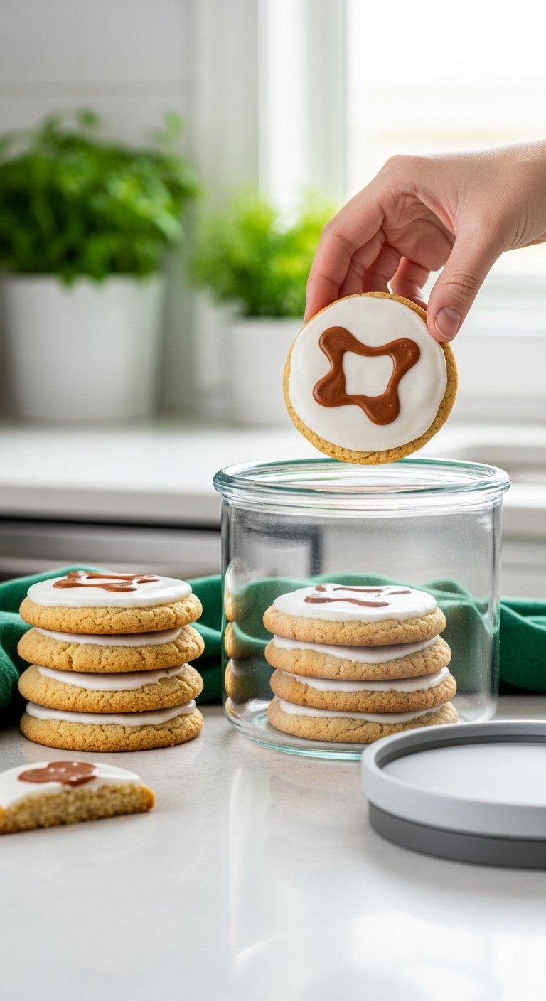 Frosted Butterbeer Cookies Being Stacked Into An Airtight Glass Container On A Clean Kitchen Counter.