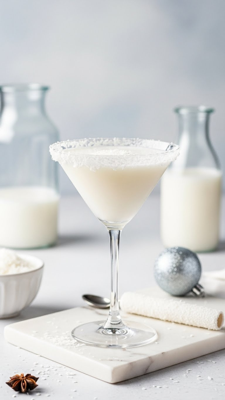 Frosted Coconut Snowball Mocktail In Delicate Martini Glass With Shredded Coconut Rim Coating