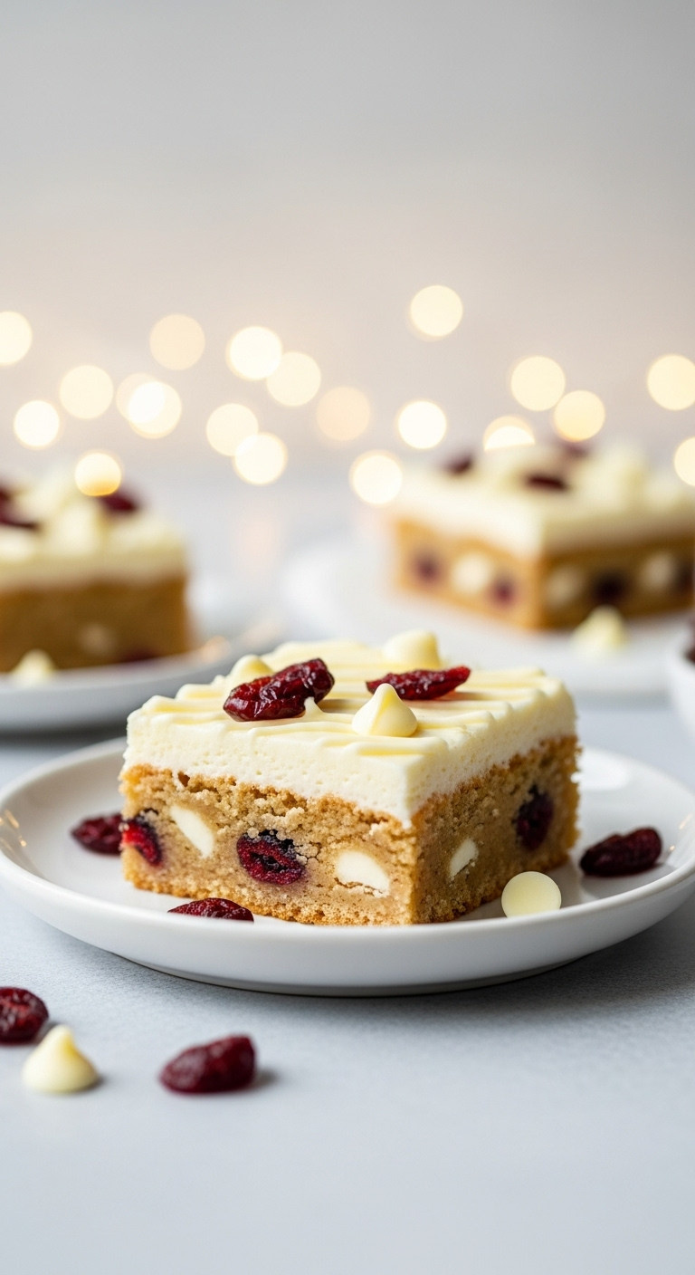 Frosted Cranberry Bliss Bar On Plate, Blondie Base, White Chocolate Chips, Dried Cranberries, Cream Cheese Frosting.