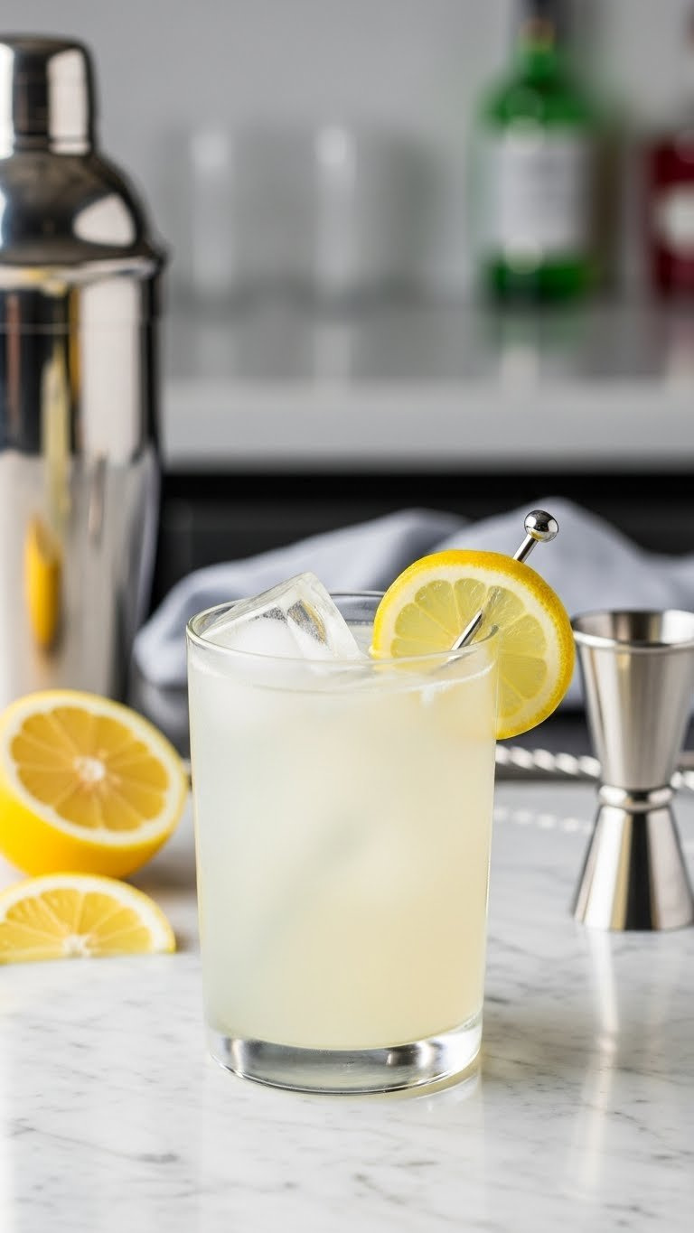 Frosted Highball Glass With Clear Vodka Lemonade Cocktail Featuring Large Ice Cube, Lemon Wheel, And Cocktail Stirrer On Marble Countertop