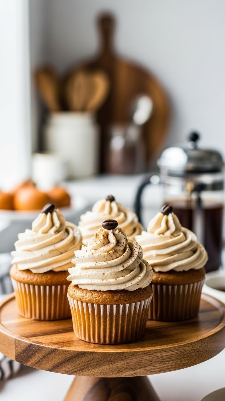 Frosted Pumpkin Spice Latte Cupcakes With Tall Coffee Cream Cheese Frosting Swirls, Espresso Garnish On Wooden Stand.