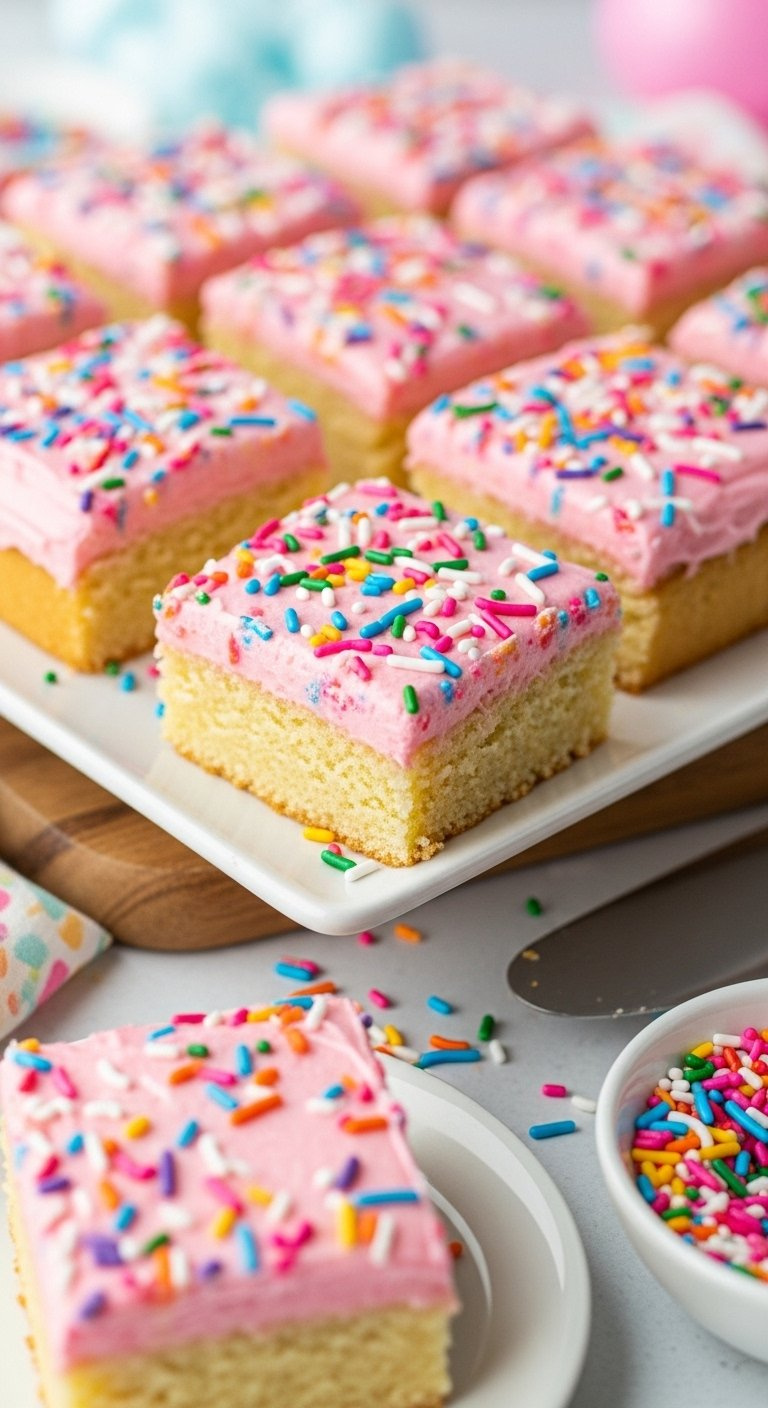 Frosted Sugar Cookie Squares Topped With Colorful Rainbow Sprinkles On A White Serving Platter.