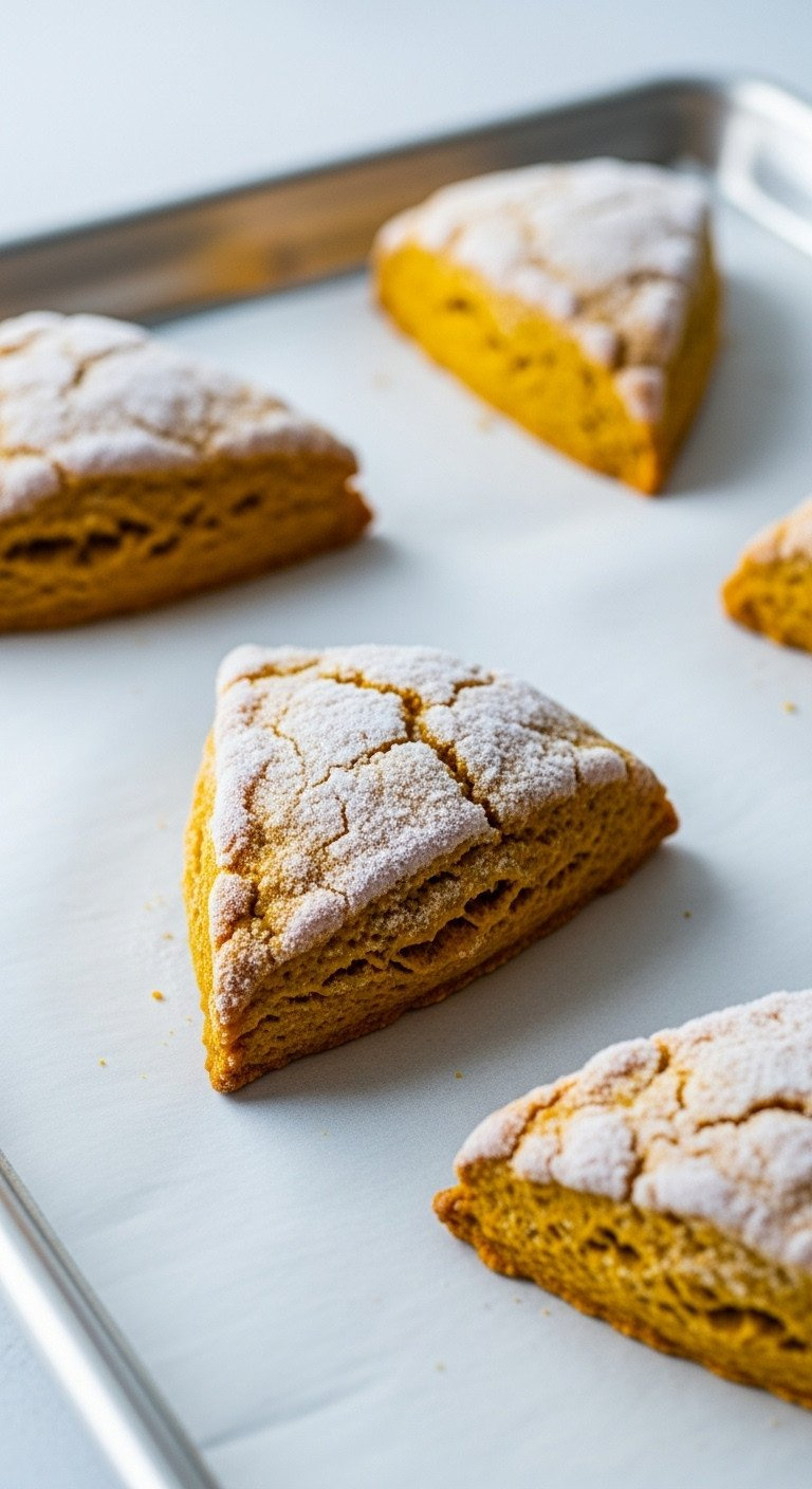 Frosted Triangular Pumpkin Scones With Condensation On A Parchment-Lined Baking Sheet, Removed From Freezer For Chilling Step.