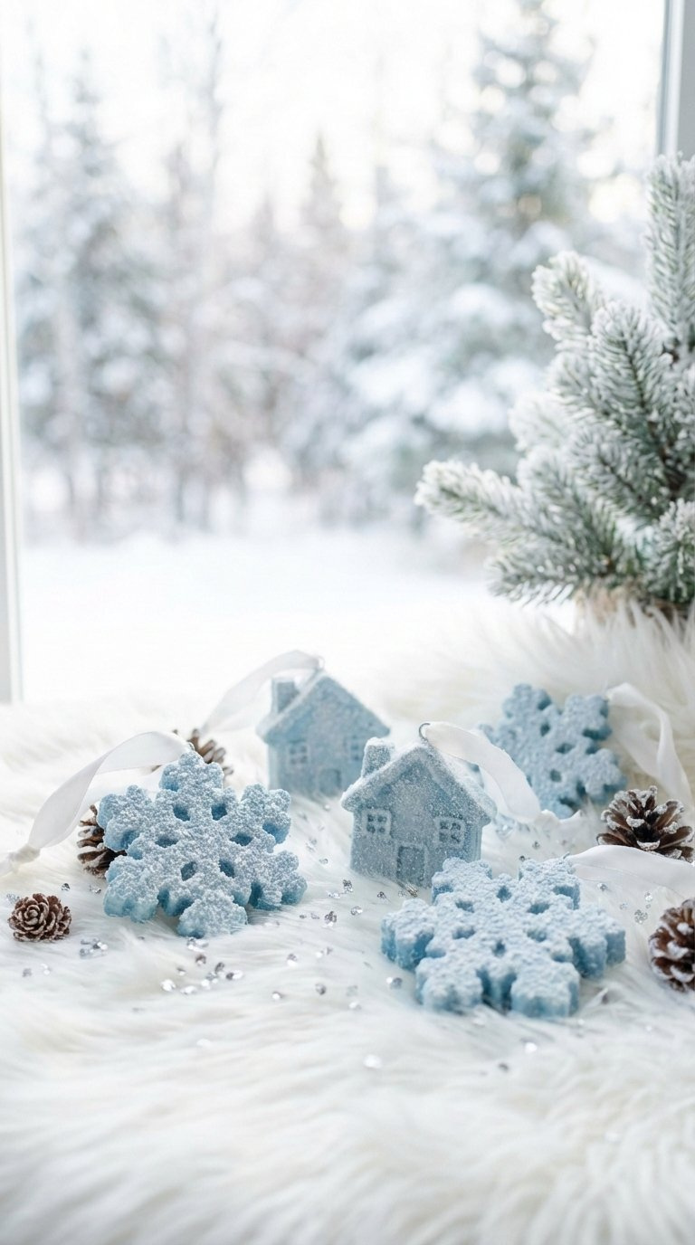 Frosted Winter Wonderland Baking Soda Paint Ornaments With Snow-Like Textured Surface Displayed On White Faux Fur With Pinecone Accents