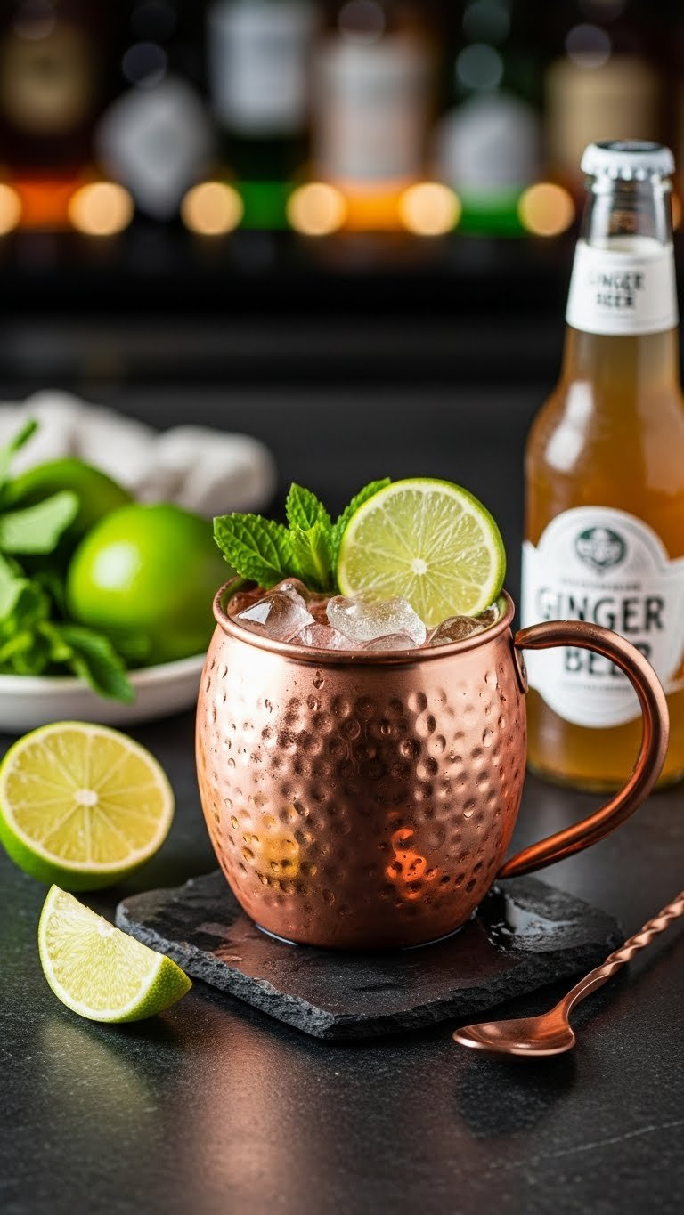 Frosty Mexican Mule In Copper Mug With Lime Wedge And Mint Garnish On Dark Bar Surface