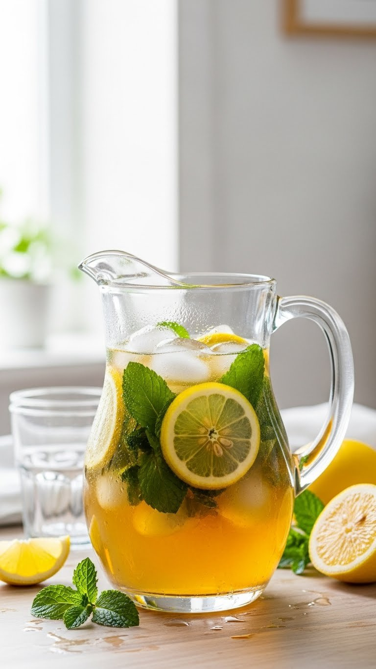 Frosty Pitcher Of Golden Lemon Mint Iced Tea With Fresh Mint Leaves And Bright Lemon Slices On Light Wooden Table