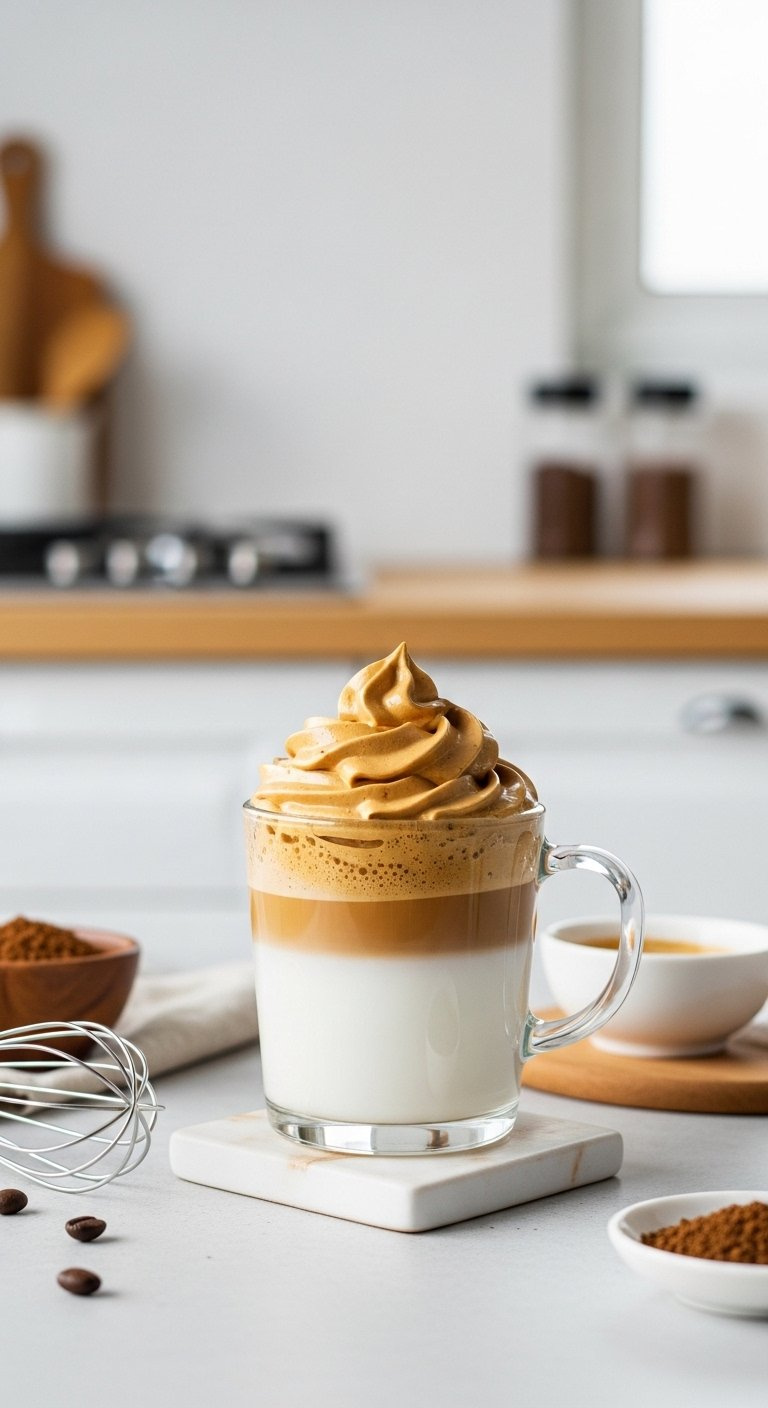 Frothy Dalgona Coffee With Golden Whipped Foam Atop Milk In A Clear Glass Mug On Wood.