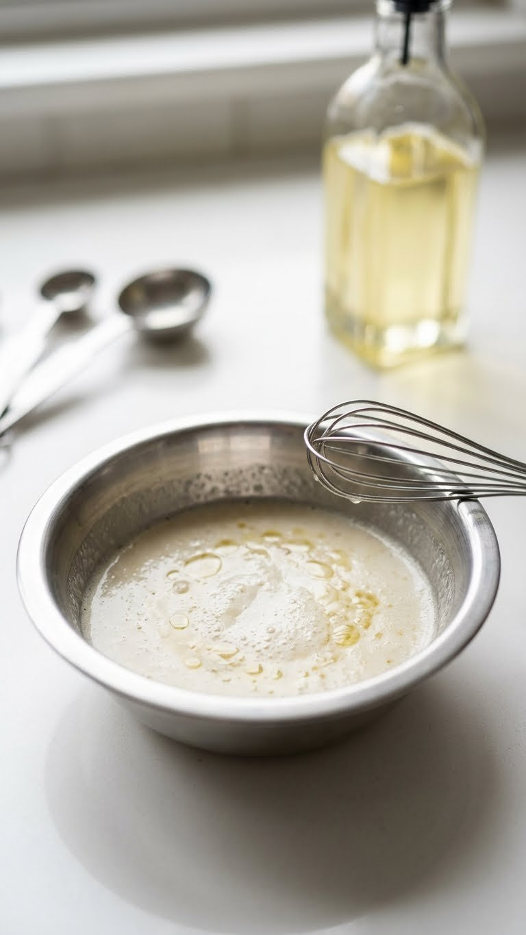 Frothy Egg Replacer Mixture With Oil, Water, Baking Powder In Stainless Bowl On White Counter, Whisk Ready For Baking.