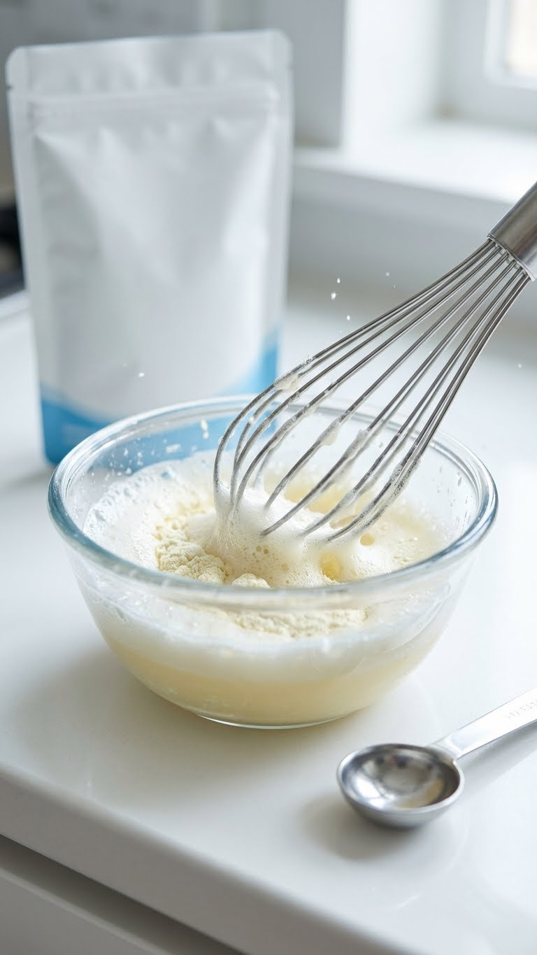 Frothy Egg Replacer Powder And Water Whisked In A Glass Bowl On A White Counter With Measuring Spoon For Vegan Baking.