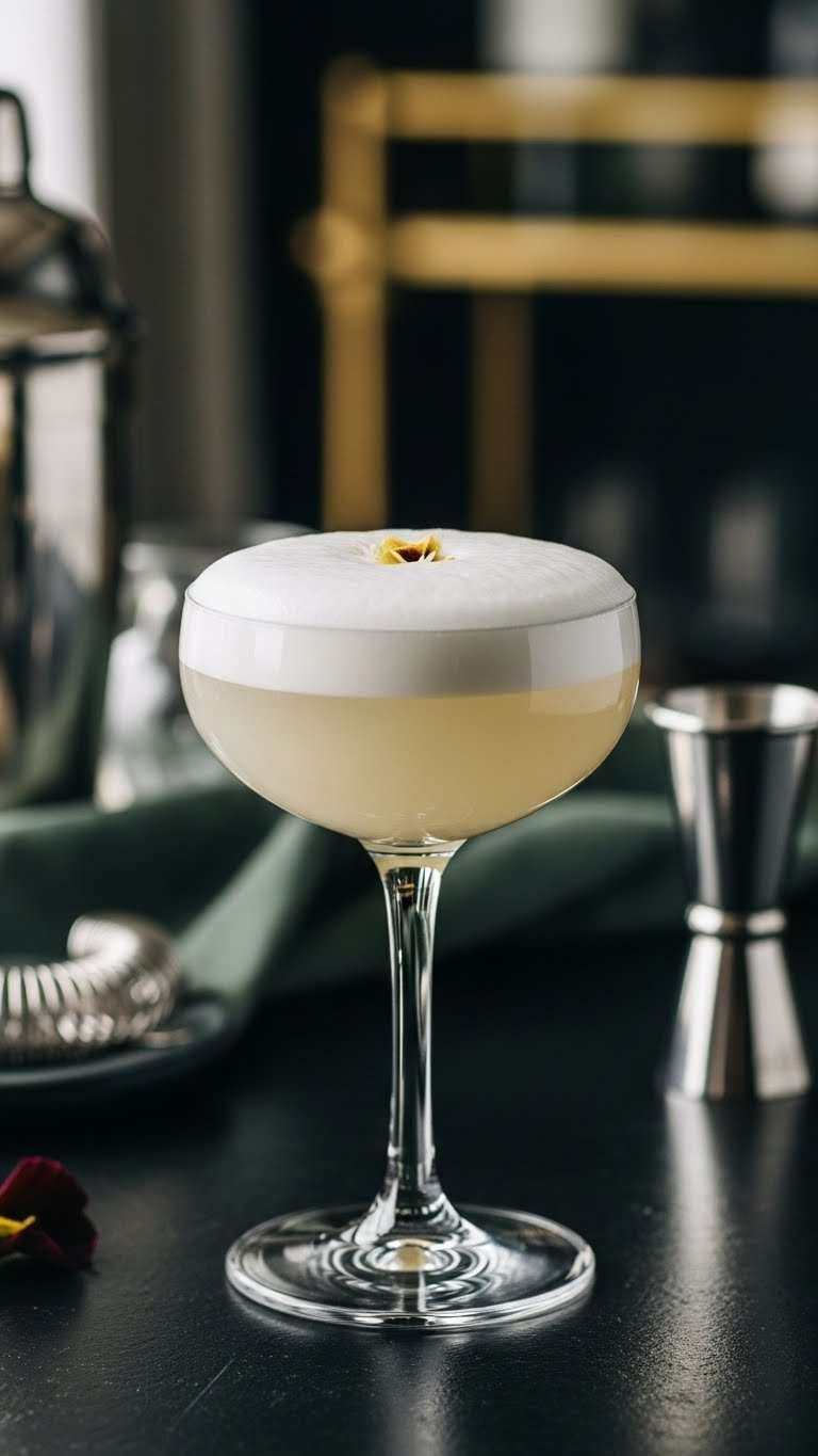 Frothy Egg White Cloud 9 Martini With Crystal-Clear Cocktail And Dense White Foam Head In Classic Glassware.