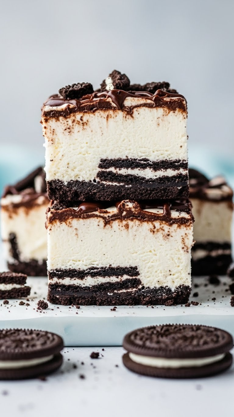 Frozen Oreo Dessert Bar, Layered With Oreo Crust, Vanilla Ice Cream, Chocolate Ganache. Chilled Summer Treat.